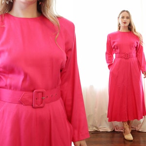 Vintage Barbie hot pink 80s dolman long sleeve button back pocket skirt midi dress with wide belt Rabbit Rabbit Rabbit 1980s deadstock tags