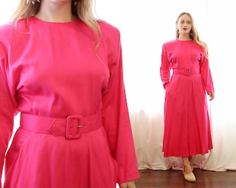 Vintage Barbie hot pink 80s dolman long sleeve button back pocket skirt midi dress with wide belt Rabbit Rabbit Rabbit 1980s deadstock tags