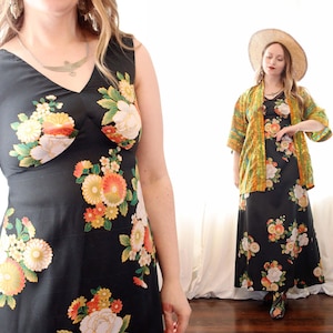 Vintage 1960s Diamond Head Sportswear sleeveless black and peach flower print maxi Hawaiian souvenir resort vacation dress 60s