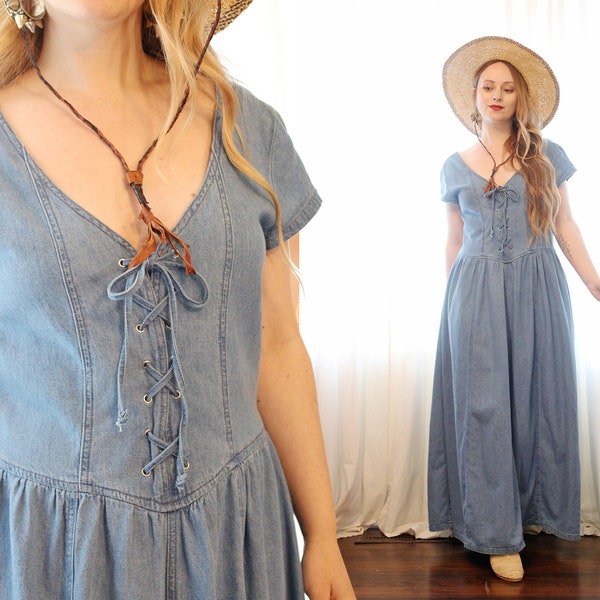 Vintage 90s blue denim cotton laceup corset bodice deep scoop neck short sleeve maxi midi picnic cottagecore whimsigoth dress large