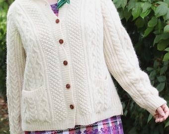 Vintage 1980's Purple Blue and Cream Wool Cardigan Sweater Irish