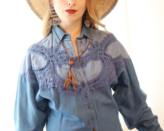 Vintage 1990s light blue cotton Denim western but… - image 3