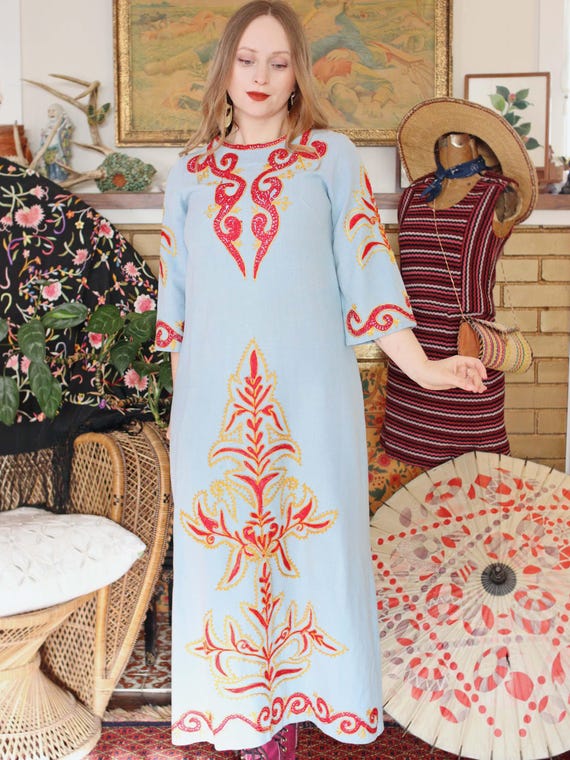 indian cotton hippie dresses 1970s Indian Cotton California Dream Sheer Hand Painted Boho Hippie Dress Canned Ham Vintage