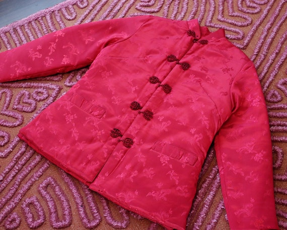 Vintage deep cranberry red satin brocade Chinese … - image 2