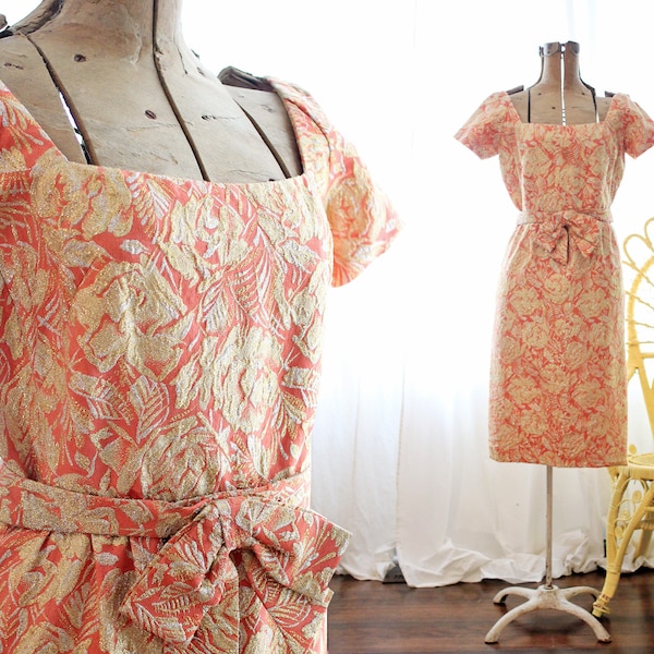 RARE Vintage Ceil Chapman designer coral pink metallic gold rose print short sleeve wiggle dress 1950s 1960s 50s 60s