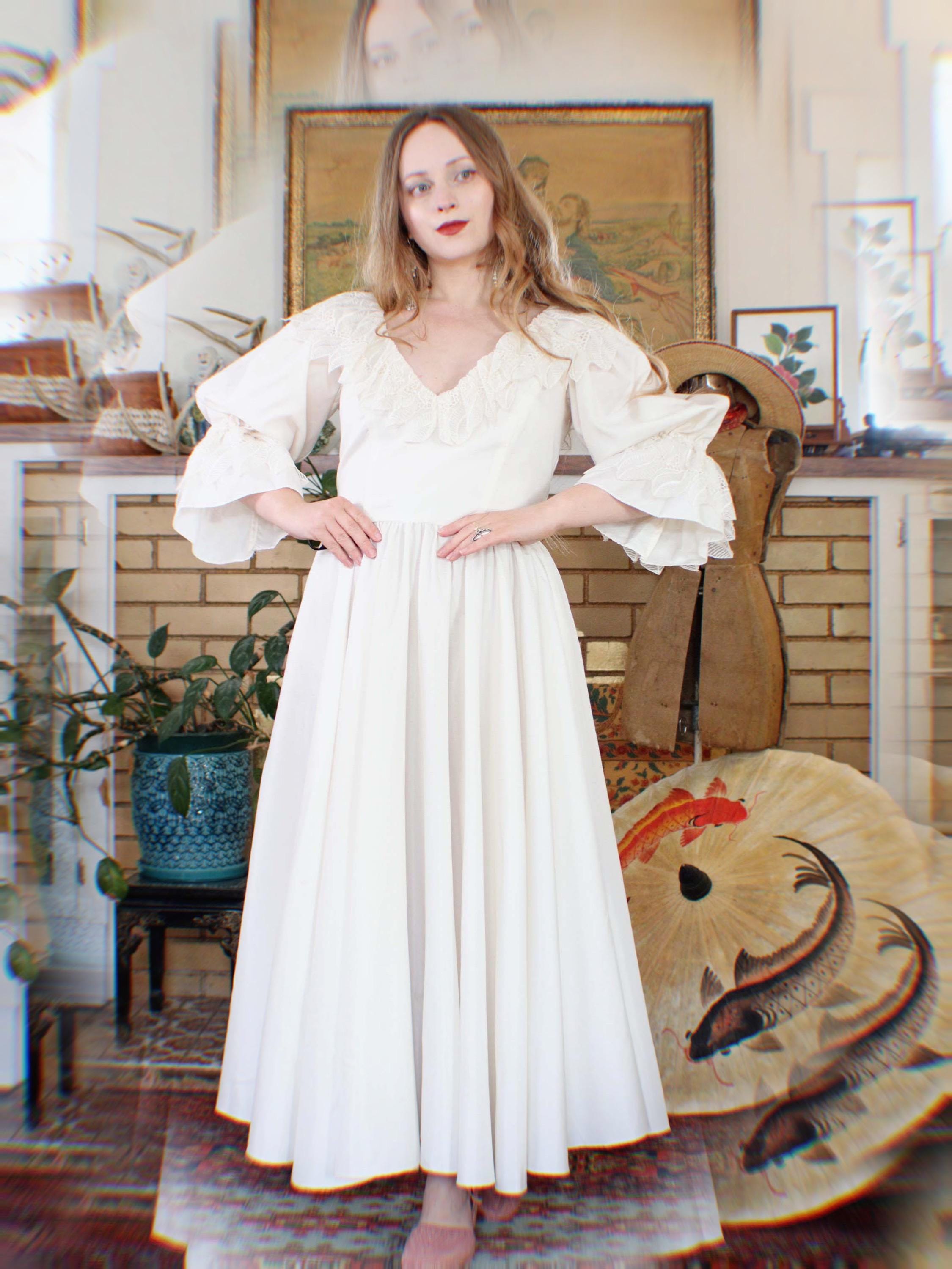Vintage Ivory White Romantic Midi Dress Puff Poet Sleeve Wide V