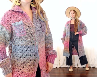 Vintage chunky knit prism ombre granny afghan oversized duster cardigan sweater coat space dye style pink lavender purple blue large L
