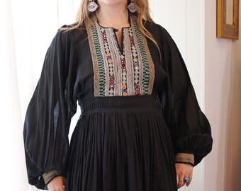 Vintage 1970s Afghan Black Rayon Poet Bishop Sleeve Metallic Silver Hand Embroidered Bodice Afghani Kuchi Folk Dress 70s