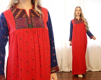 Vintage Afghani folk dress cherry red navy blue calico rayon hand embroidered long sleeve bohemian maxi caftan dress