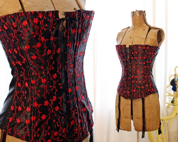 Vintage 90s Y2K Fredericks of Hollywood Black Satin Red Embroidered Laceup  Ribbon Bustier Corset Top With Garter Belt Straps Whimsigoth Goth - Etsy