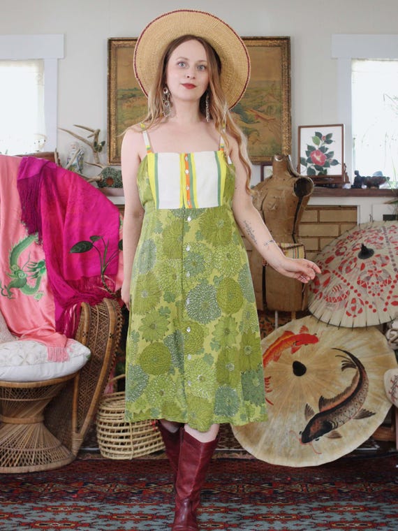 Vintage Avocado Green Midi Dress Floral White Stripe Linen Button Front Empire Reclaimed Upcycled 1960s cottagecore Handmade