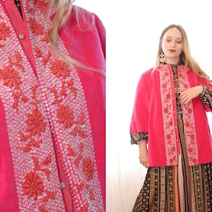 Vintage 1960s Barbie hot pink cotton velvet beaded sequin trim snap front wide sleeve swing coat Beiling Shanghai Mod 60s