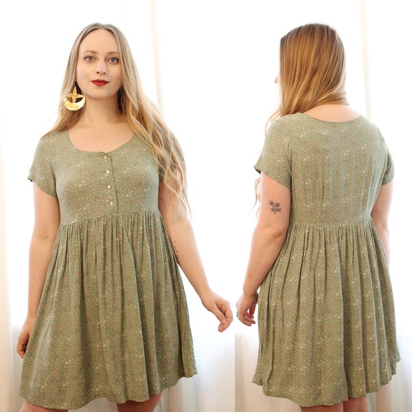 Vintage 1990s Scoop Neck button front cap short sleeve Gap mini baby doll dress sage green ditsy floral