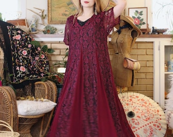 Vintage 1990s deep burgundy red midi dress with lace front slip short sleeve floral grunge folk whimsigoth style 90s