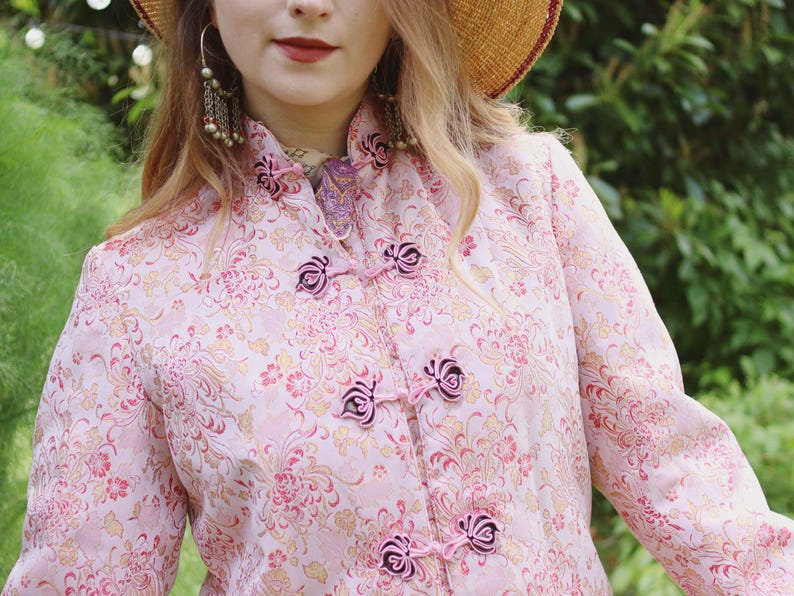Vintage Soft Pink and Metallic Gold Satin Brocade Chinese Folk Style ...