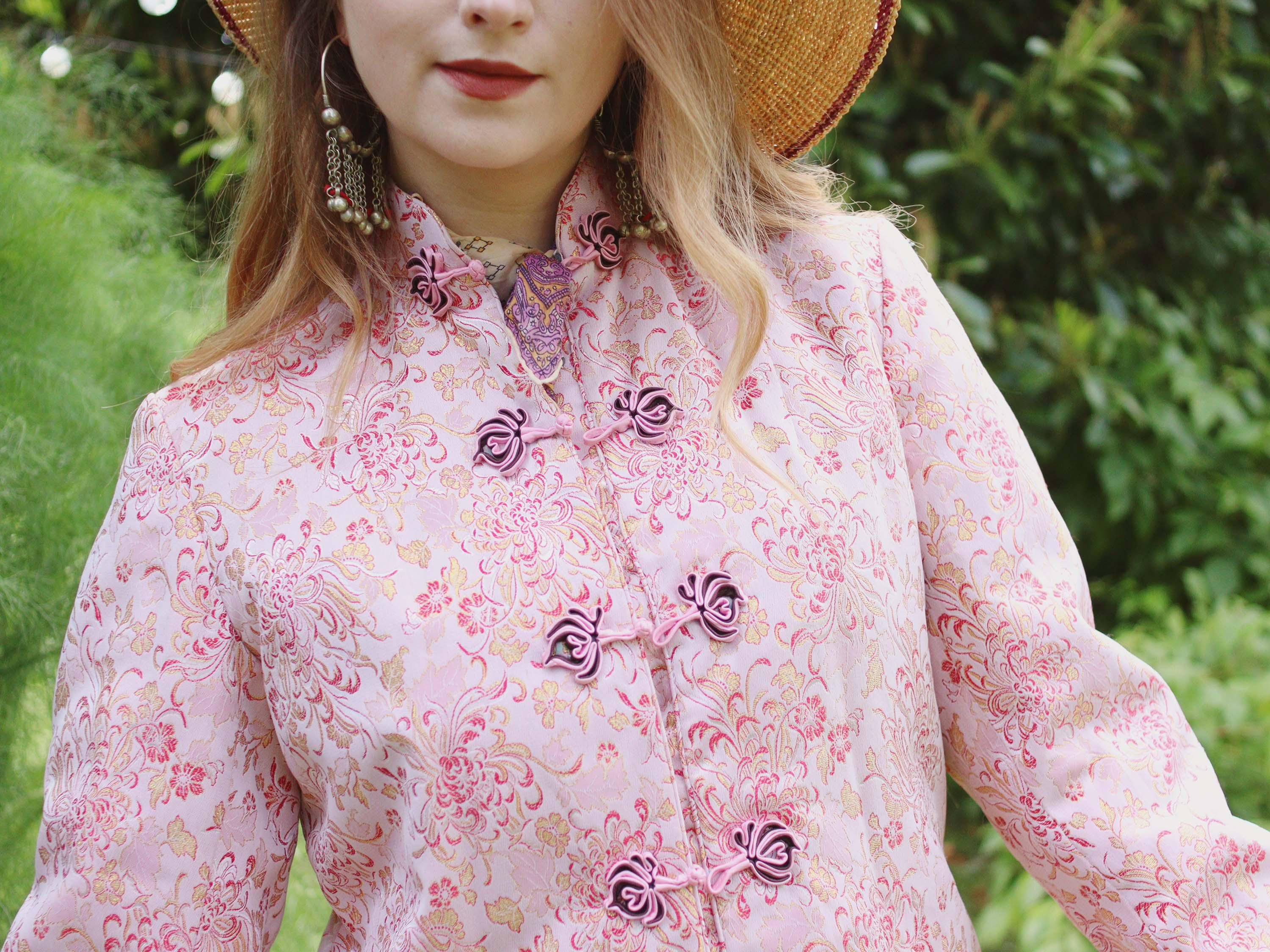 Vintage Soft Pink and Metallic Gold Satin Brocade Chinese Folk
