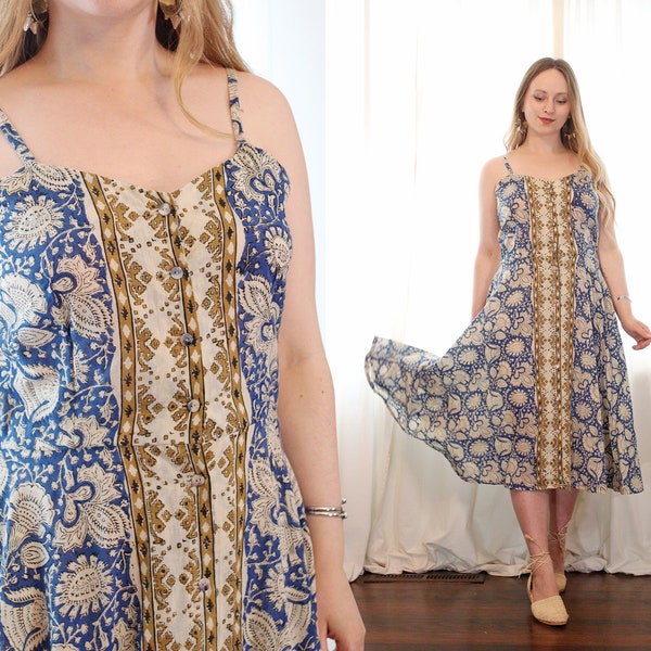 Handmade Indian hand block printed indigo blue white gold flora shell button flared bias cut skirt sweetheart bodice sleeveless dress 1970s