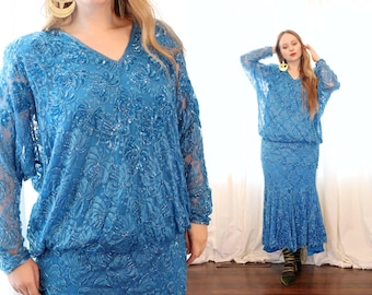 Vintage Judith Ann Creations cyaan turkoois blauw kanten blouse met pailletten kralen en lage taille en zeemeerminrok 2-delige set jaren 80 en 80