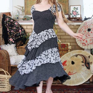 Vintage 1970s West German Handkerchief Flutter Hem Party Dress Black White Chiffon Flutter Layers Sweetheart Neck Off Shoulder