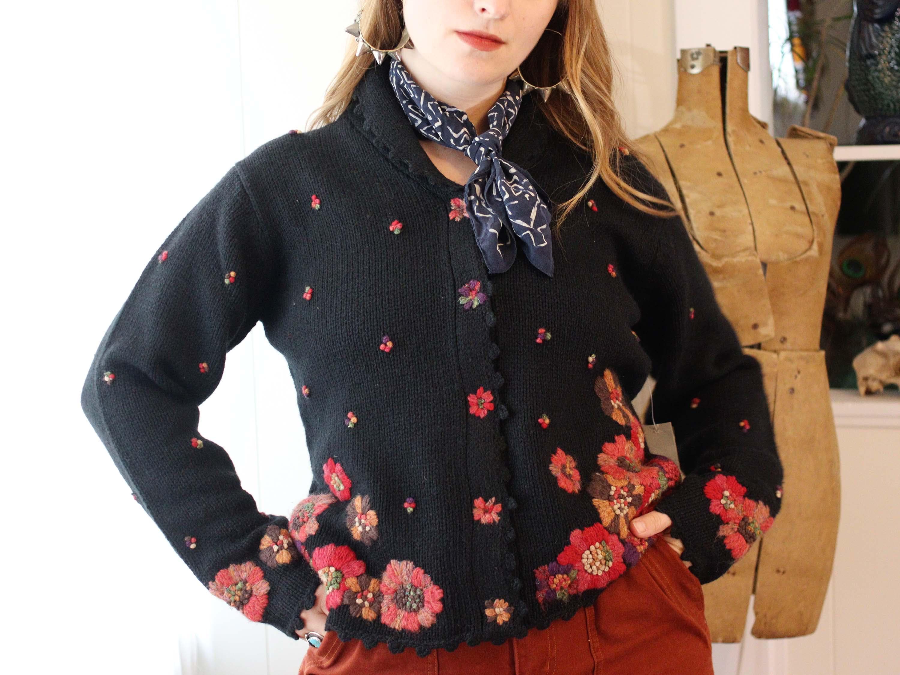 トップス 90's gim woolen mills black hand knit Vintage 90s Black Raimie Linen Wool Blend Chunky Knit Hand