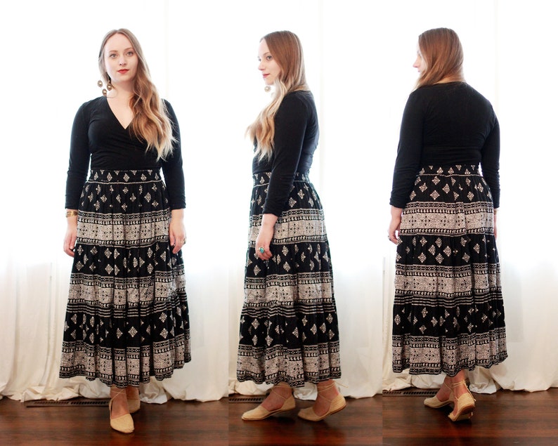 Vintage Phool Indian cotton gauze broomstick peasant Black and white block print style midi skirt boHo hippie