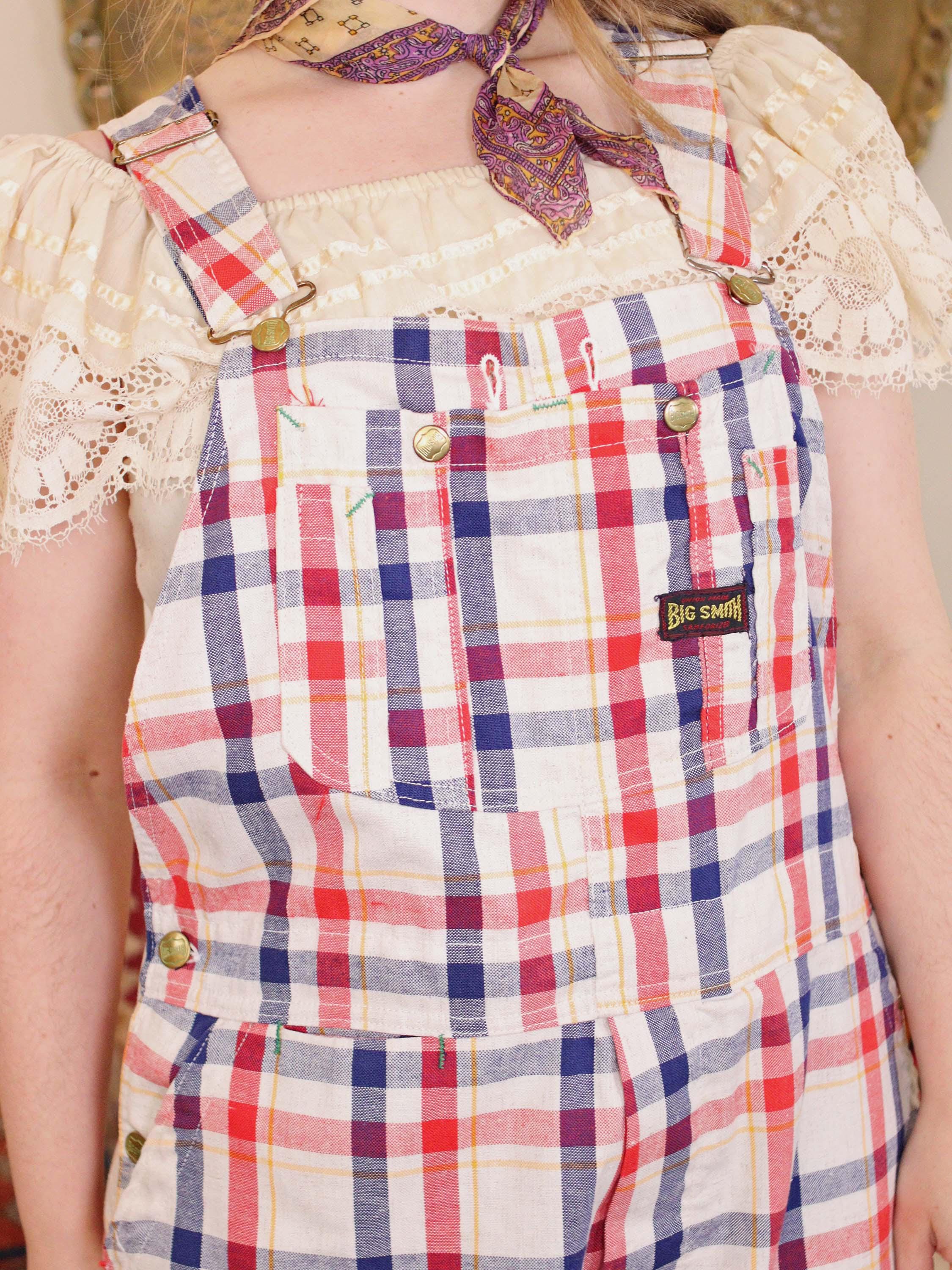 RARE Vintage Big Smith 1960s White Red Blue Plaid Bib Workwear
