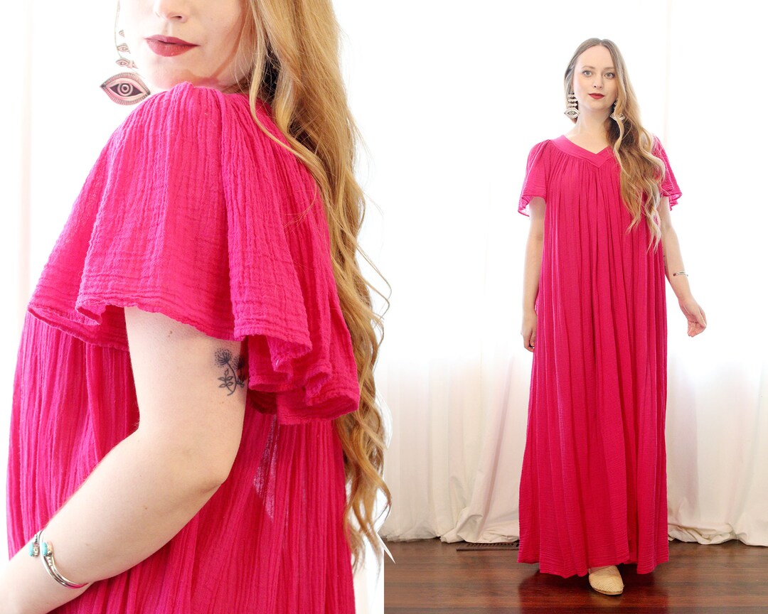 Vintage Hot Pink Cotton Gauze Flutter Short Sleeve V Neck Maxi Etsy