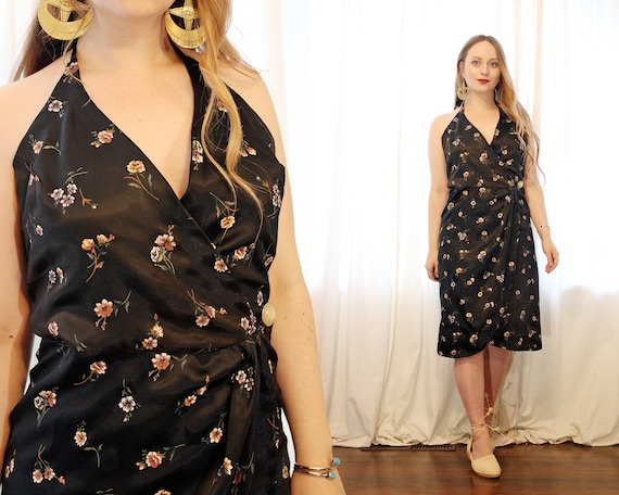 Vintage 1970s Black Flower Print Satin Halter Neck Button Front Slinky Wrap Dress Petal Hem Scoop Back Disco Party Dress Etsy Canada
