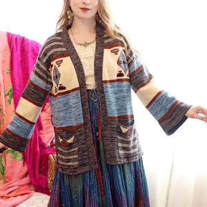 Vintage 1970s Spacedye open front wide sleeve Cardigan Sweater Jacket patch pockets blue grey cream rust red 70s