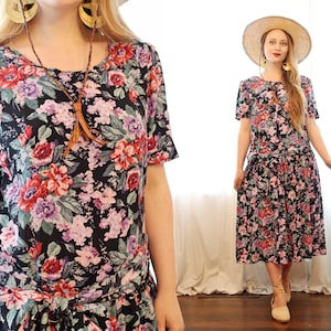 Vintage 1990s cotton floral print drop waist shirt sleeve button back black pink tea dress cottagecore Laura Ashley style