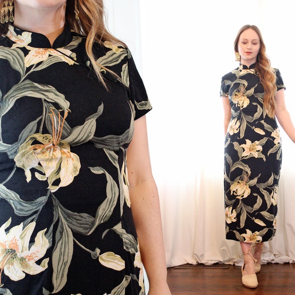 Vintage black cotton Hawaiian Chinese Cheongsam style wiggle dress short sleeve oversized floral print