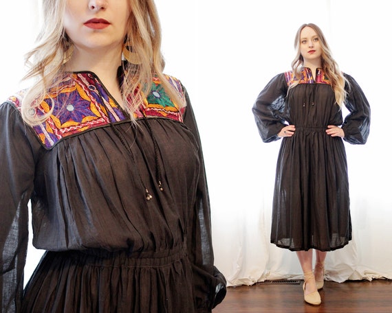 Vintage Deadstock Indian cotton gauze black embroi