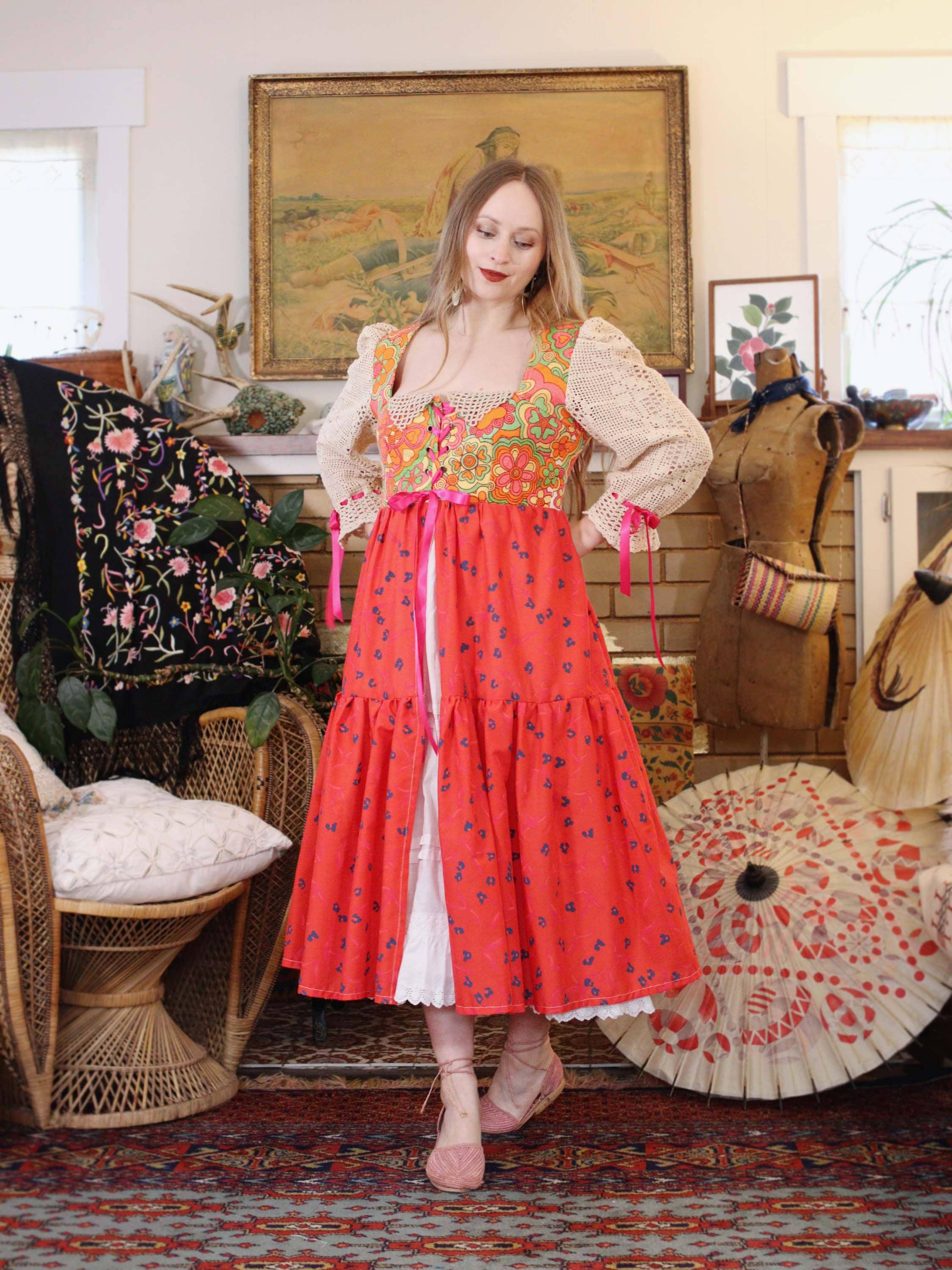 Psychedelic Cottagecore Dream Corset Dress in 1960s Flower Power