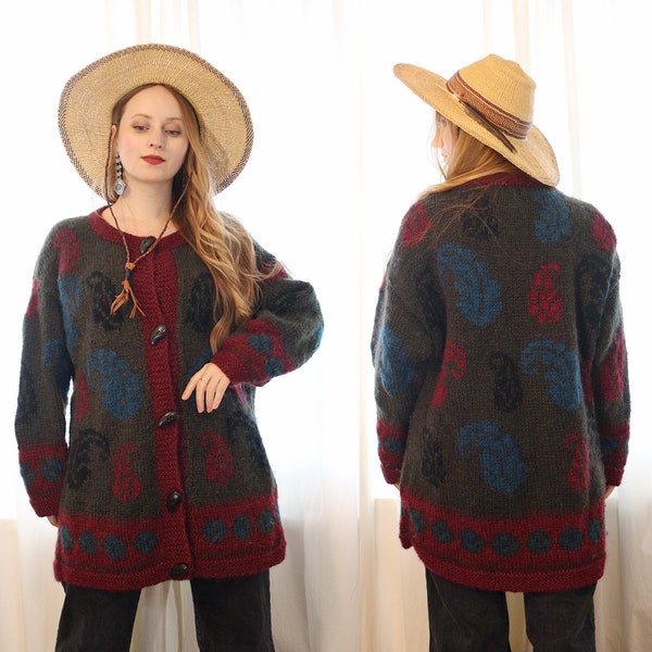 Vintage Vagabond Imports Chunky Wool Paisley Print Long Cardigan Sweater coat Bohemian Boho Folk Style grey burgundy red blue