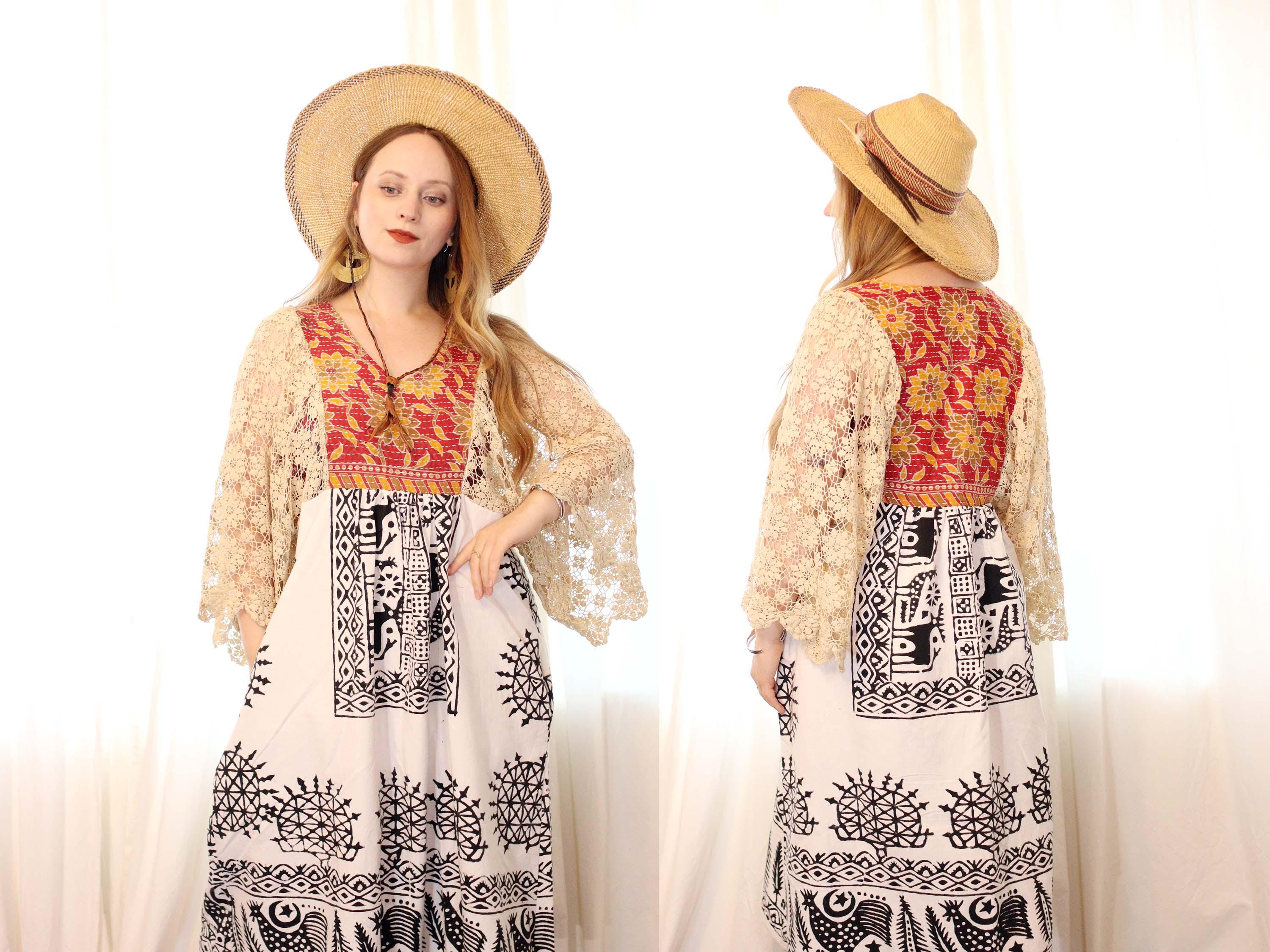 プル様 ヴィンテージブロックプリントのタペストリーコットンドレス