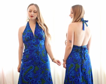 Vintage 1970s bright blue green psychedelic paisley print Hawaiian halter maxi dress tiki cocktail resort lounge 70s Casual Ceire Honolulu