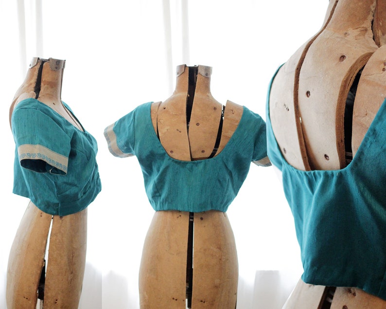 Vintage Indian crop top choli blouse turquoise dupioni shantung silk style gold trim boHo bohemian hippie festival