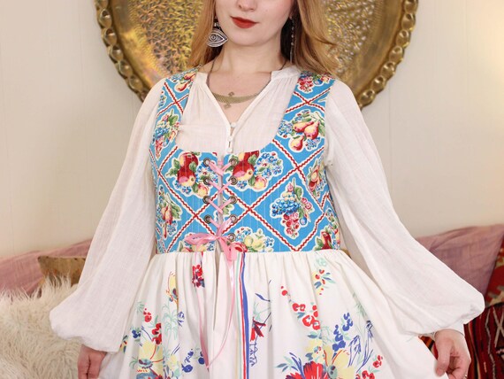 Corset Bodice Mini Babydoll Dress Medieval Revival Renaissance Scoop Neck dirndl Vintage 1960s cotton fruit print picnic fabric Handmade