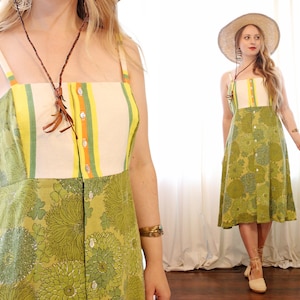 Handmade 1960s reclaimed upcycled vintage avocado green floral white stripe linen button front empirewaist midi dress cottagecore