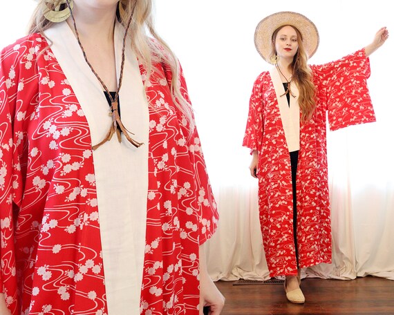 Vintage Red Japanese 100% silk cropped kimono nag… - image 1