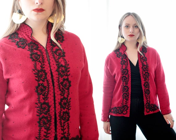 Vintage 1950s 1960s red wool black beaded cardigan