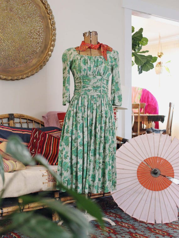 green floral square neck midi dress Black And Green Floral Print Square Neck A-line Midi Dress 8 main image 1