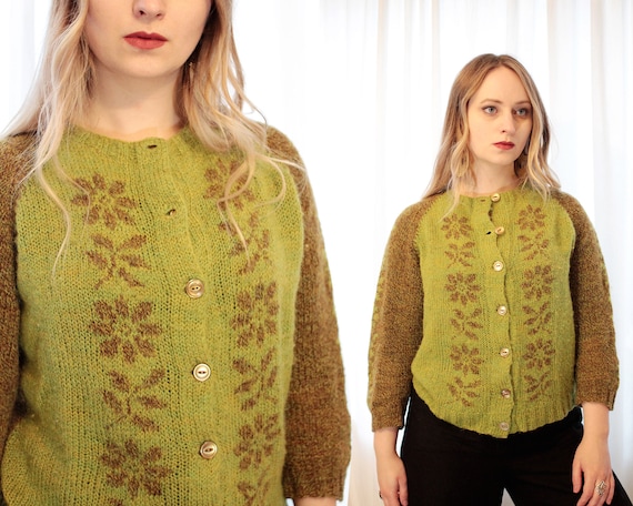 Vintage 1950s hand knit green brown flower print n