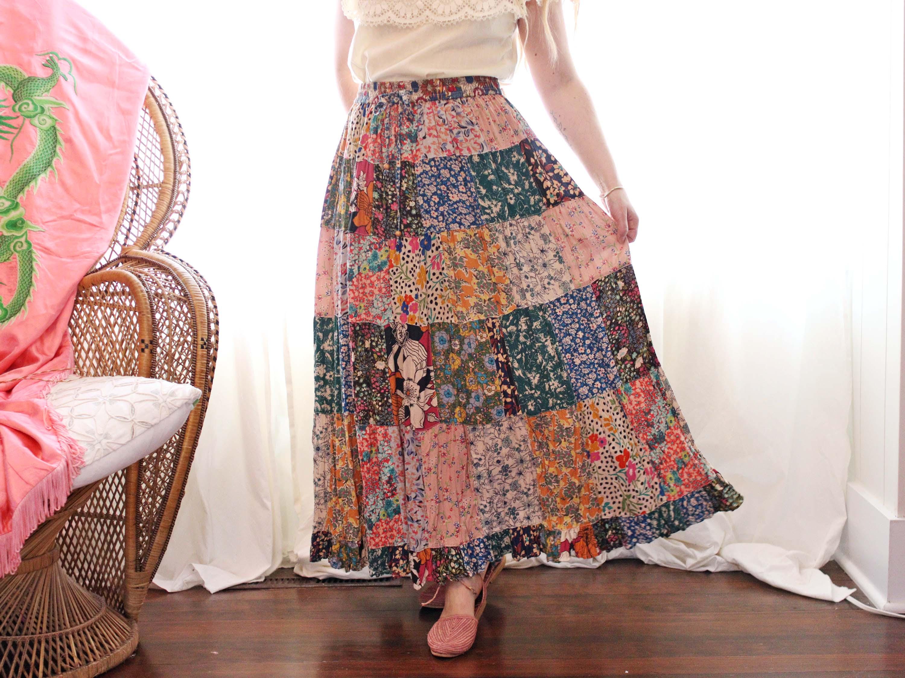 Vintage Y2K Patchwork Prairie Peasant Midi Broomstick Skirt 2000s