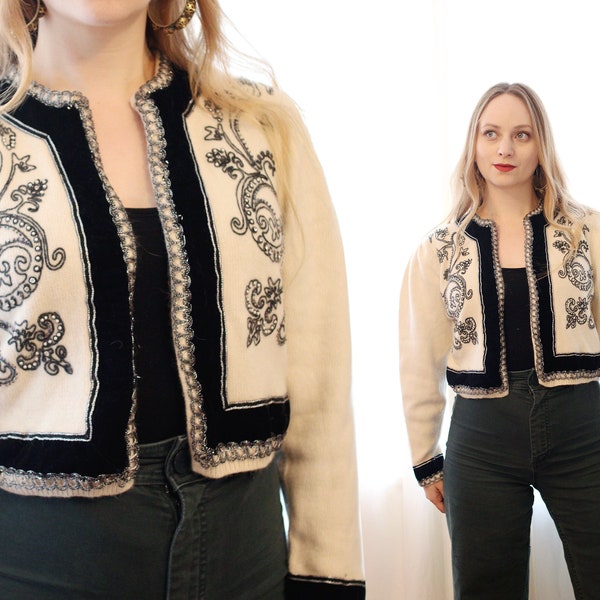 Vintage Open Front lambswool angora embroidered velvet trim cropped Bolero Cardigan cream black silver holiday new years style