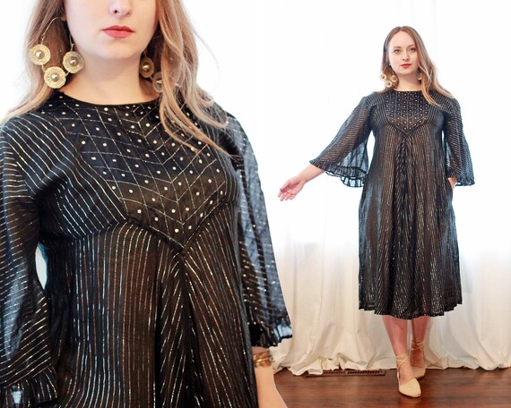 RARE Vintage Indian black cotton gauze metallic si