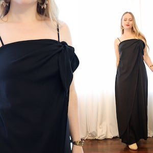 Vintage 1970er Schwarz drapierter Sarong Binde-Ausschnitt Spaghettiträger Maxi knöchellang Partykleid Disco Goth