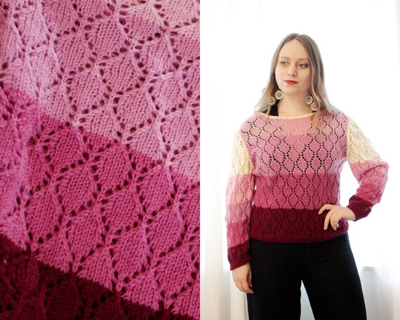 Vintage hand knit diamond print ombré pink Cream p