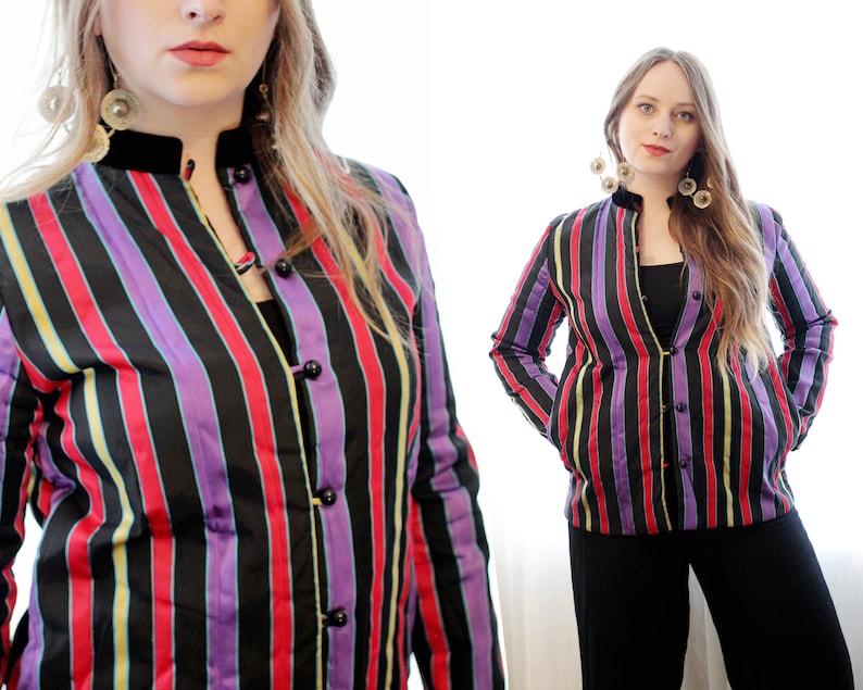 Vintage quilted padded striped black purple red yellow green velvet trim 90s jacket coat with pockets