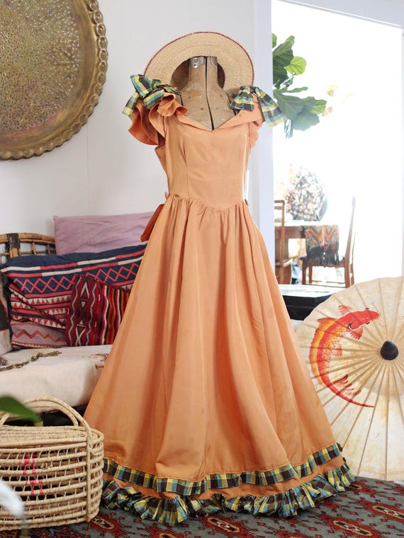 1940s maxi dress Vintage 1940s Southern Bell Maxi Gown Dress Ruffle Shoulders Bustle Back  Golden Apricot Orange Green Plaid 40s